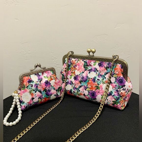 Vintage Handsewn Genuine Leather Floral Print Kisslock Purse & Small clutch Set - Picture 1 of 16